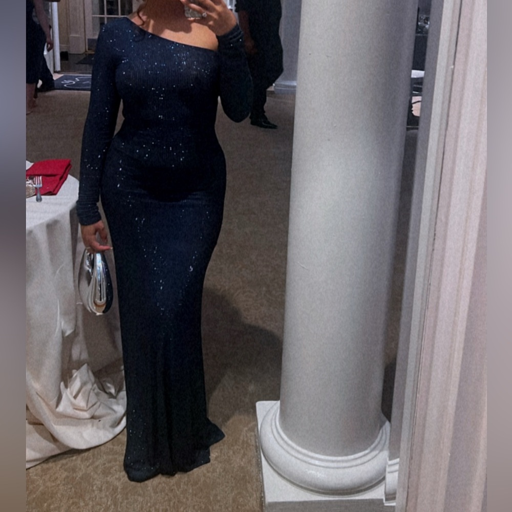 Meshki Navy One-Shoulder Long Sleeve Sequin Gown